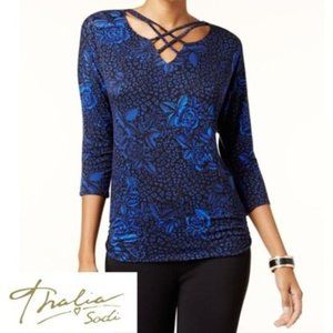 Thalia Sodi Women Black Blue Floral Print Lattice Blouse Large NEW